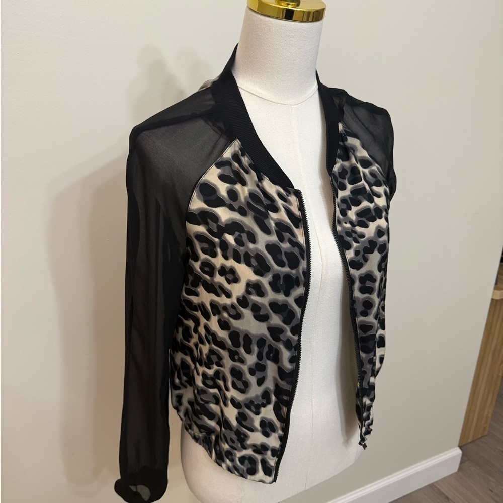 Leopard Print Sheer Sleeve Bomber Jacket Grunge Y2K - Picture 3 of 8